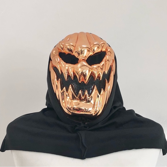Halloween Scary Jack-O-Lantern Mask Metallic Orange Pumpkin Skull Hodded Costume - Picture 4 of 7